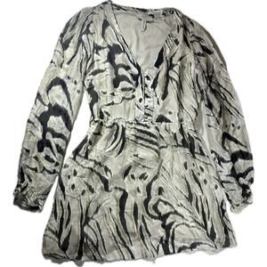 GUESS Women's Zebra Print Peplum Blouse V Neck Long Sleeve Flowy Top